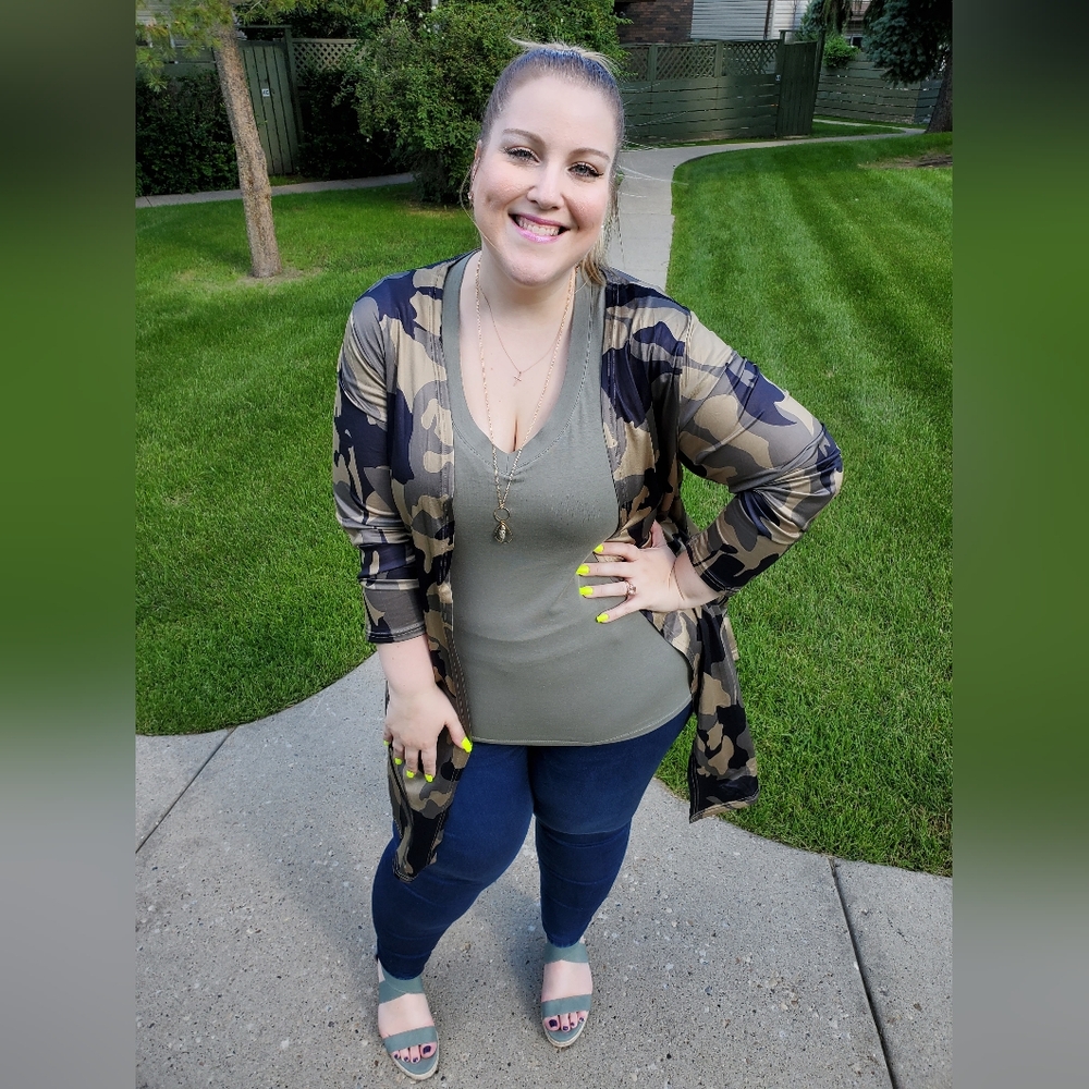 🩷5/$25🩷 Green Camo, Open Front Cardigan - Plus Size 16